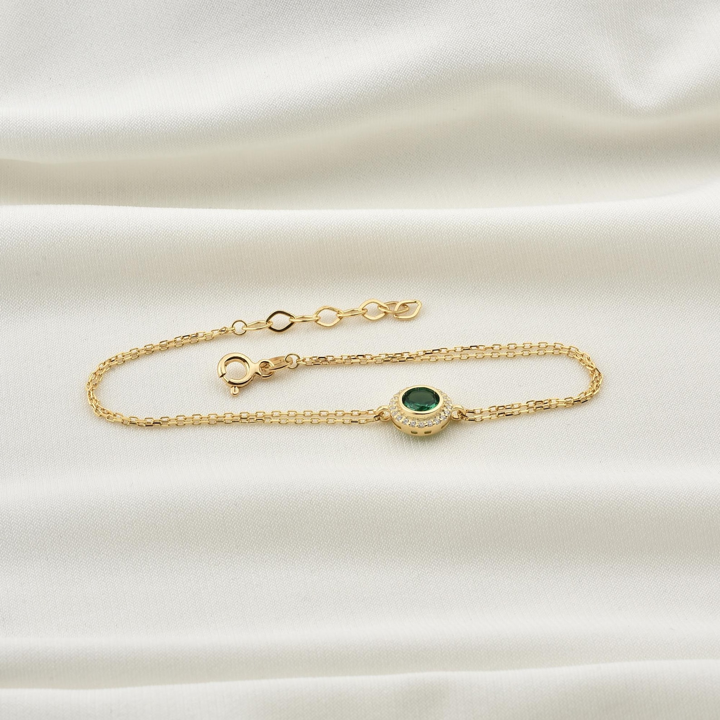 Emerald Round Bezel Bracelet in 8K/10K/14K Solid Gold with Real Diamonds, May Birthstone Jewelry