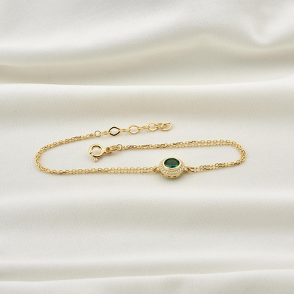 Emerald Round Bezel Bracelet in 8K/10K/14K Solid Gold with Real Diamonds, May Birthstone Jewelry