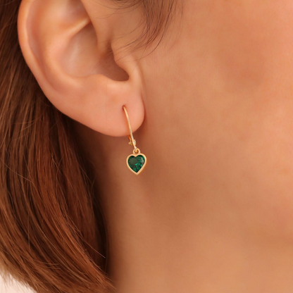 Emerald Heart Cut Bezel Dangle Earrings 14K Solid Gold, May Birthstone Jewelry