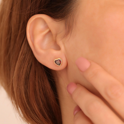 Garnet Heart Bezel Stud Earrings 10K/14K Solid Gold, January Birthstone Jewelry
