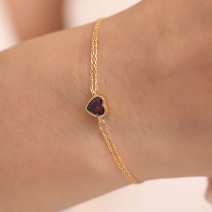 Heart Garnet Bezel Bracelet in 10K/14K Solid Gold | January Birthstone