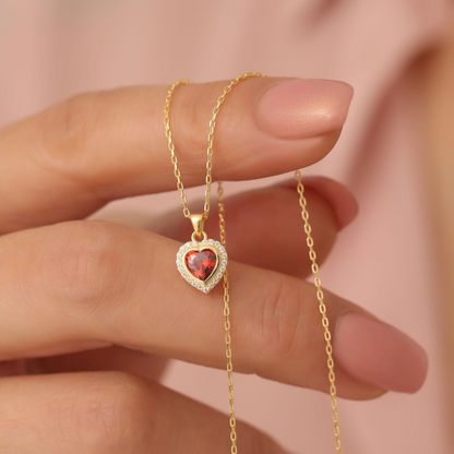 Garnet Bezel Heart Necklace with Real Diamonds in 8K/10K/14K Solid Gold | January Birthstone Jewelry
