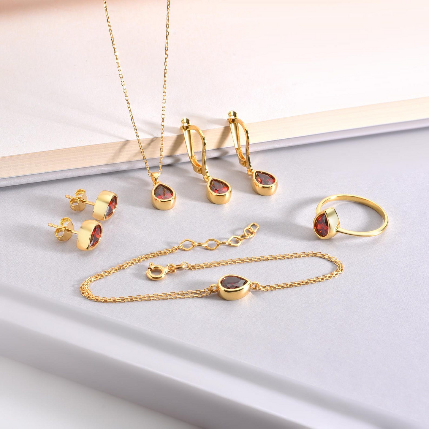Garnet Drop Bezel Bracelet in 10K/14K Solid Gold, January Birthstone Jewelry