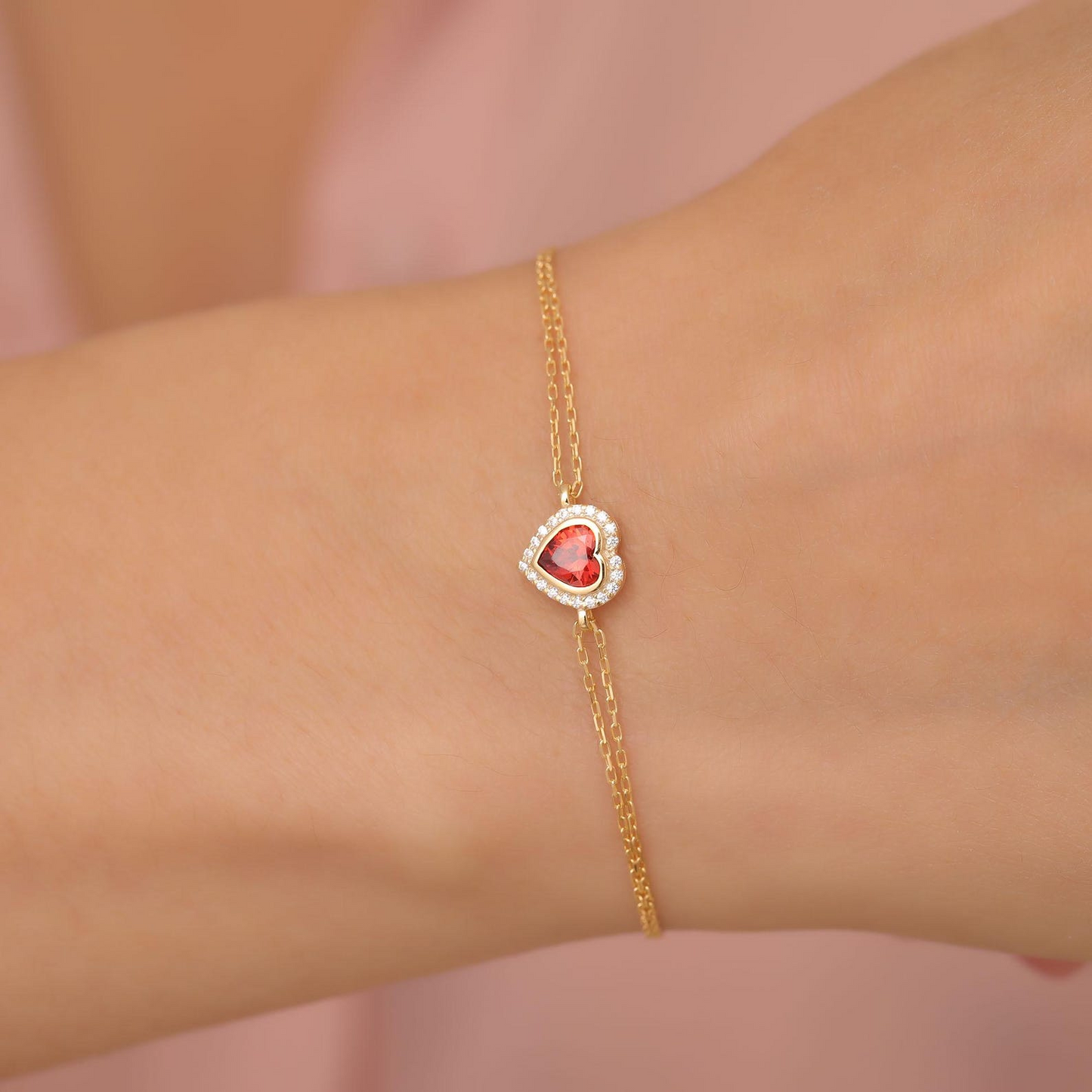 Garnet Bezel Heart Bracelet with Real Diamonds in 8K/10K/14K Solid Gold | January Birthstone Jewelry