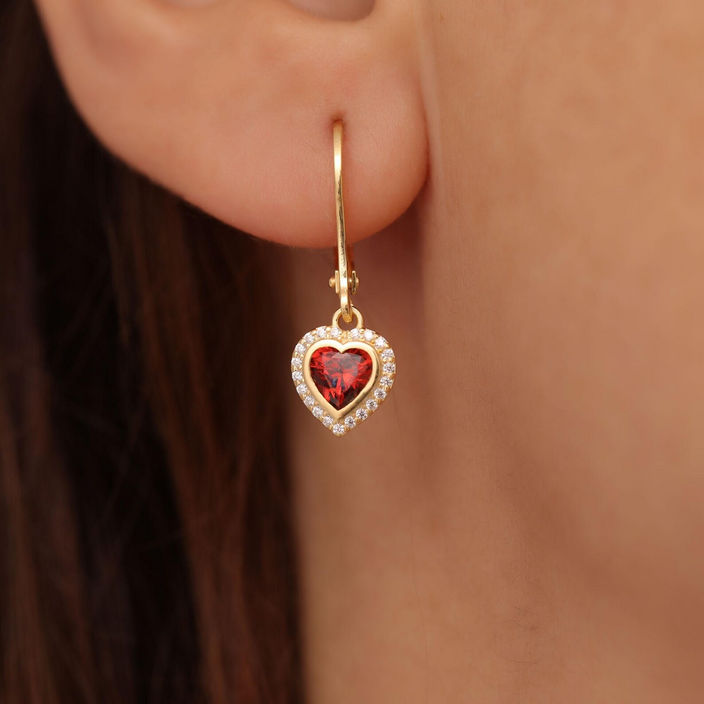 Garnet Bezel Heart Dangle Earrings with Real Diamonds in 8K/10K/14K Solid Gold | January Birthstone Jewelry