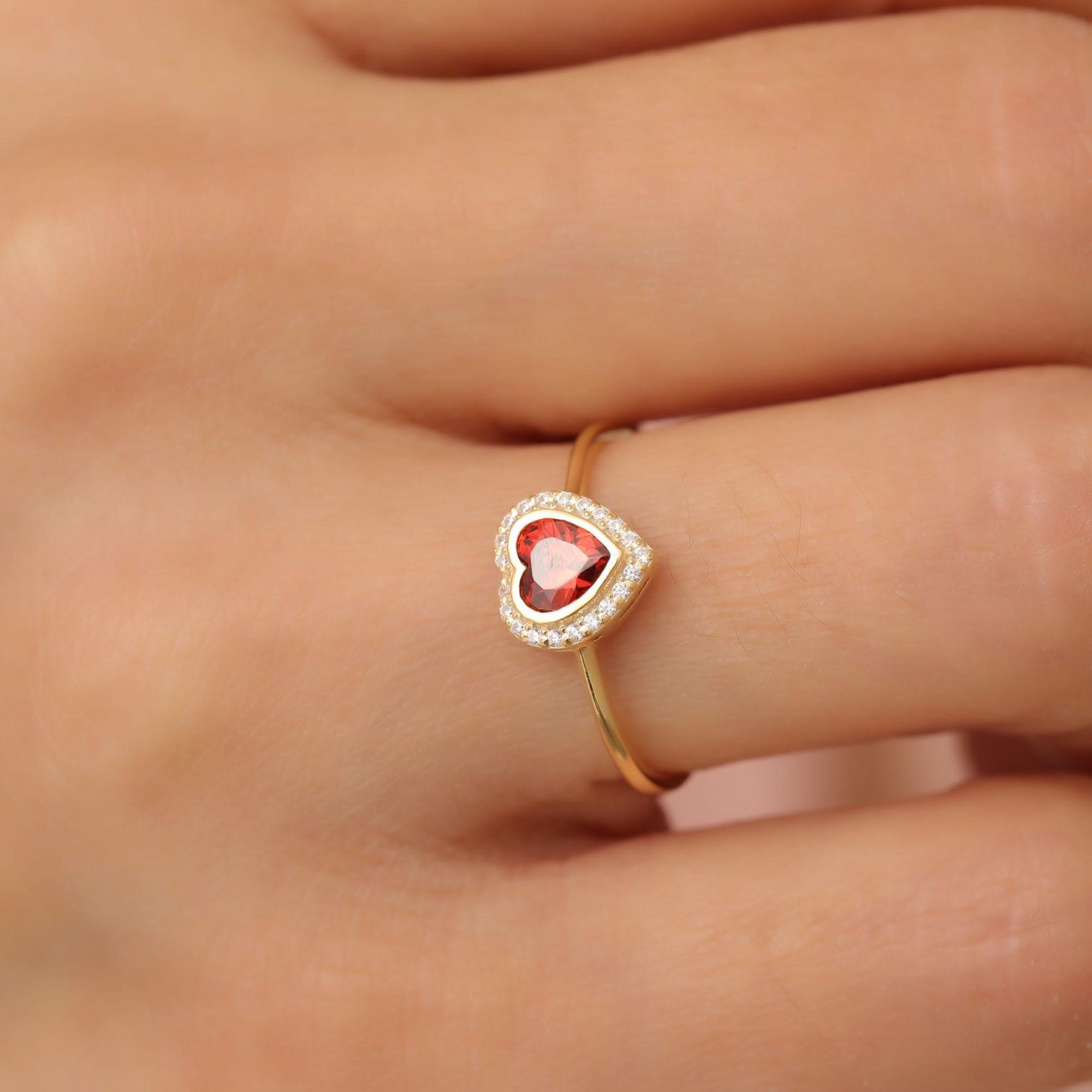 Garnet Bezel Heart Ring with Real Diamonds in 8K/10K/14K Solid Gold | January Birthstone Jewelry