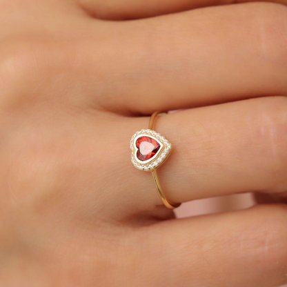 Garnet Bezel Heart Ring with Real Diamonds in 8K/10K/14K Solid Gold | January Birthstone Jewelry