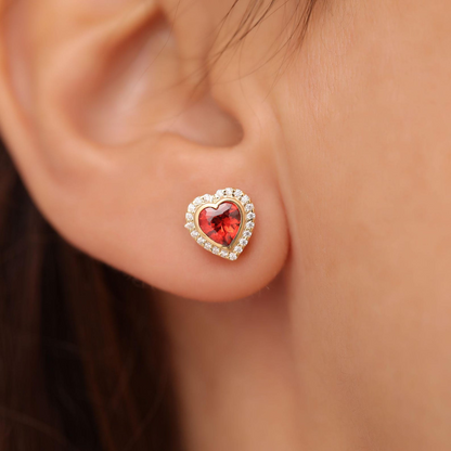 Garnet Bezel Heart Stud Earrings with Real Diamonds in 10K/14K Solid Gold | January Birthstone Jewelry