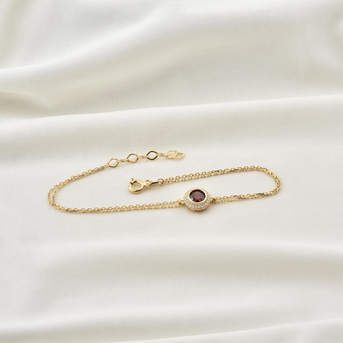 Garnet Round Bezel Bracelet in 8K/10K/14K Solid Gold with Real Diamonds, January Birthstone Jewelry
