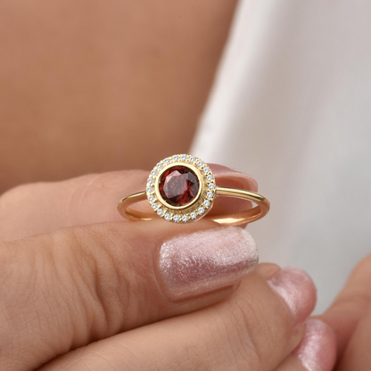 Garnet Round Bezel Ring in 8K/10K/14K Solid Gold with Real Diamonds, January Birthstone Jewelry