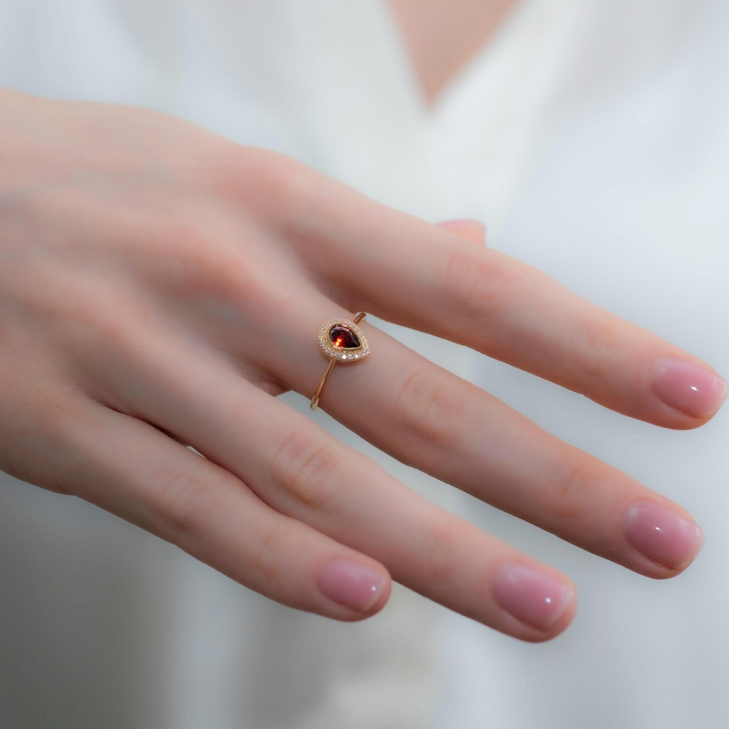 Garnet Bezel Drop Ring with Real Diamonds in 8K/10K/14K Solid Gold | January Birthstone Jewelry