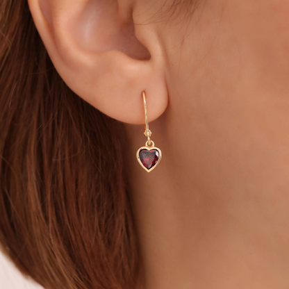 Garnet Heart Cut Bezel Dangle Earrings 14K Solid Gold, January Birthstone Jewelry