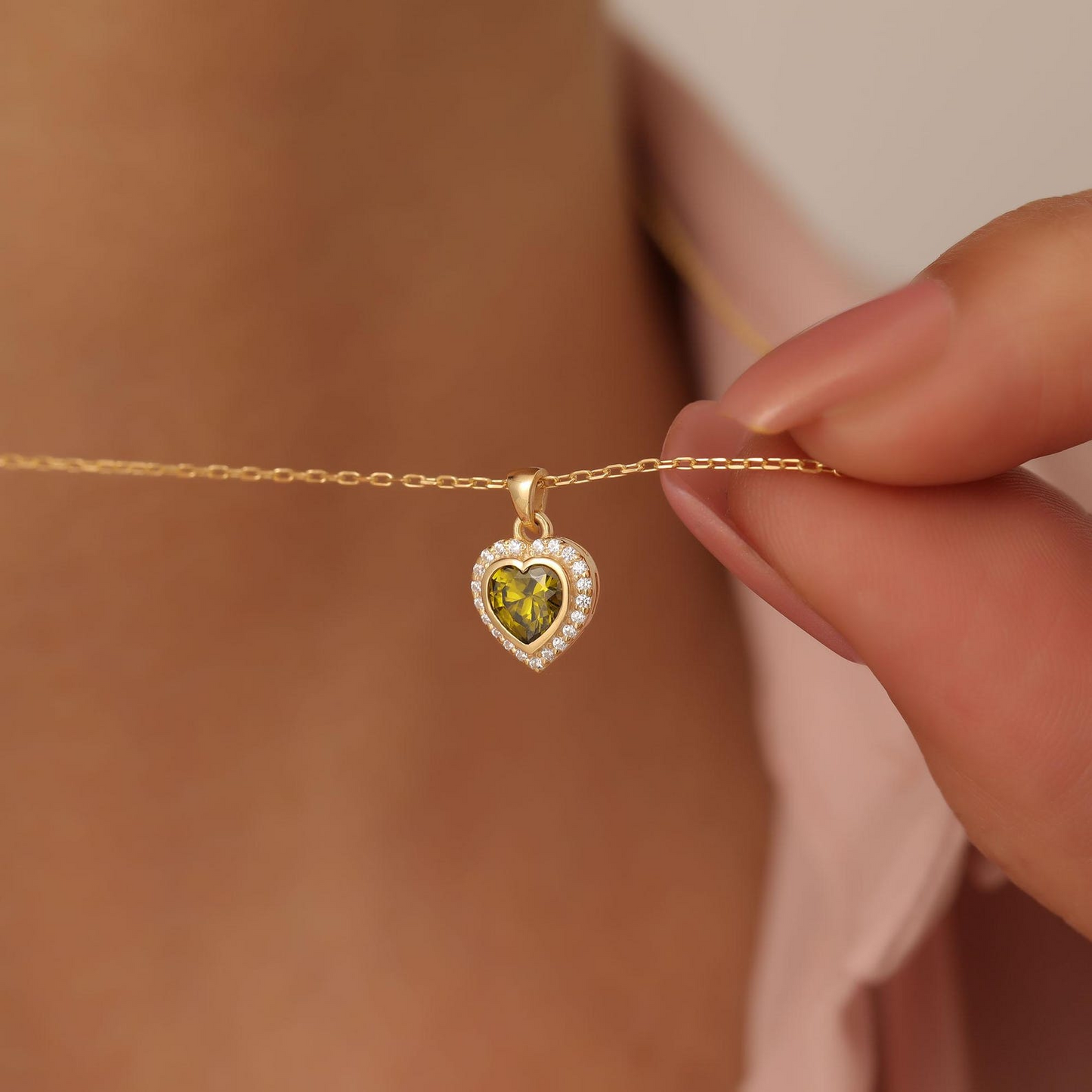 Peridot Bezel Heart Necklace with Real Diamonds in 8K/10K/14K Solid Gold | August Birthstone Jewelry