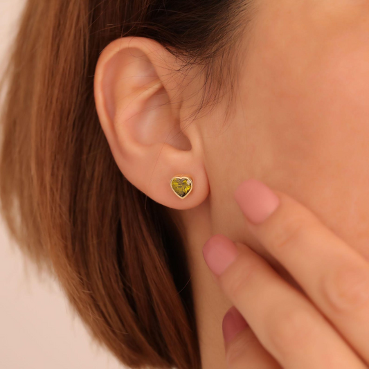 Peridot Heart Bezel Cut Stud Earrings 10K/14K Solid Gold, August Birthstone Jewelry