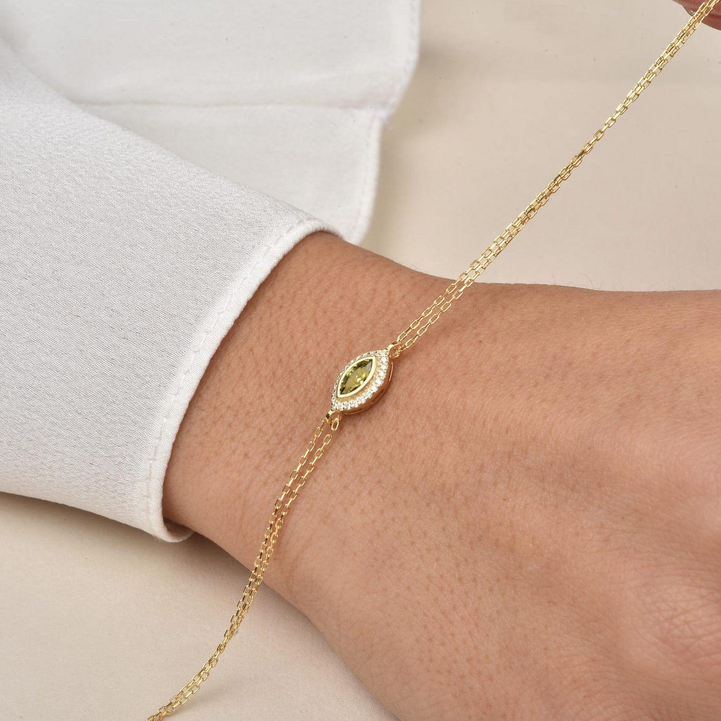 Peridot Bezel Marquise Bracelet with Real Diamonds in 8K/10K/14K Solid Gold | August Birthstone Jewelry