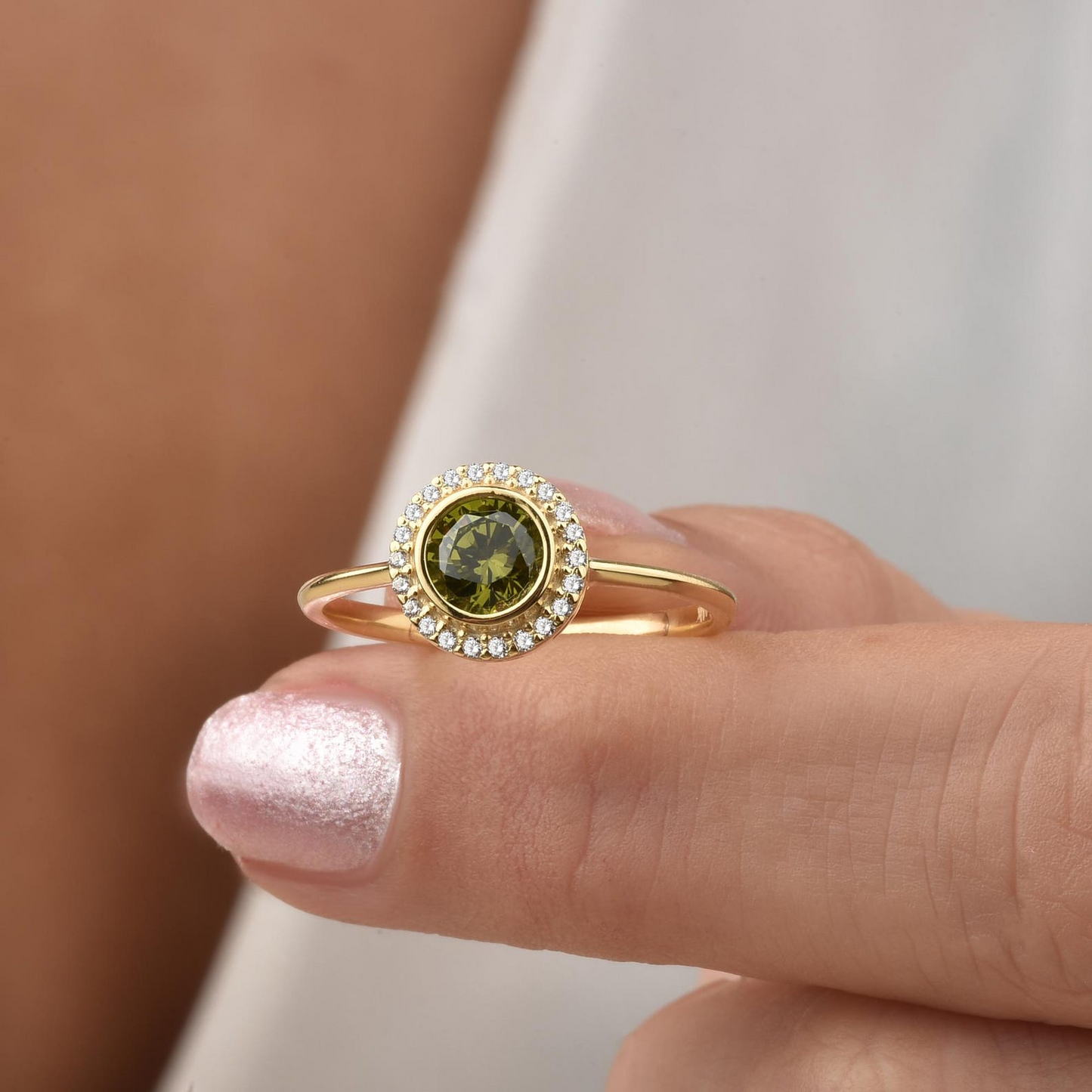 Peridot Round Bezel Ring in 8K/10K/14K Solid Gold with Real Diamonds, August Birthstone Jewelry