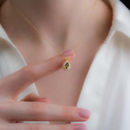 Peridot Bezel Drop Necklace with Real Diamonds in 8K/10K/14K Solid Gold | November Birthstone Jewelry