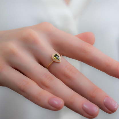 Peridot Bezel Drop Ring with Real Diamonds in 8K/10K/14K Solid Gold | August Birthstone Jewelry