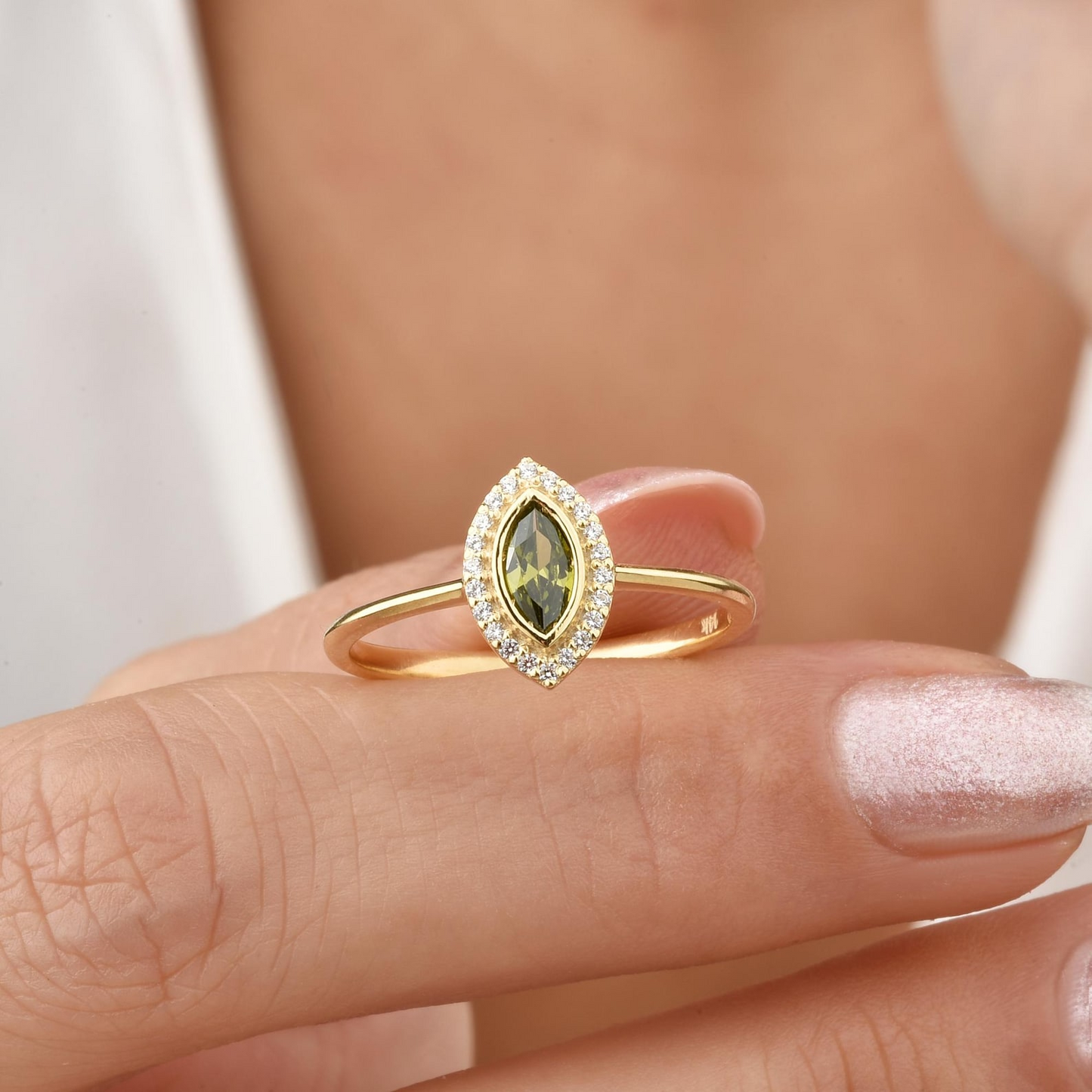 Peridot Bezel Marquise Ring with Real Diamonds in 8K/10K/14K Solid Gold | August Birthstone Jewelry