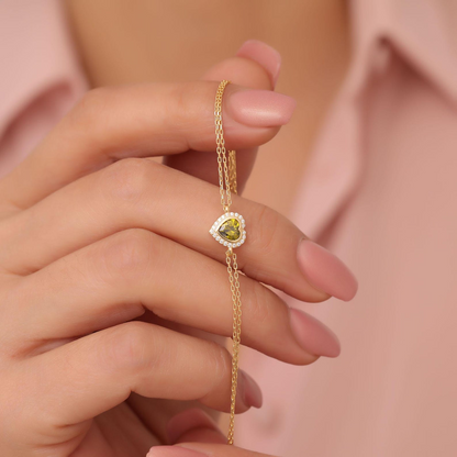 Peridot Bezel Heart Bracelet with Real Diamonds in 8K/10K/14K Solid Gold | August Birthstone Jewelry