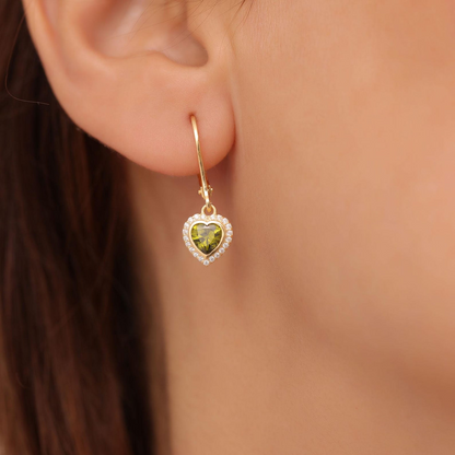 Peridot Bezel Heart Dangle Earrings with Real Diamonds in 8K/10K/14K Solid Gold | August Birthstone Jewelry