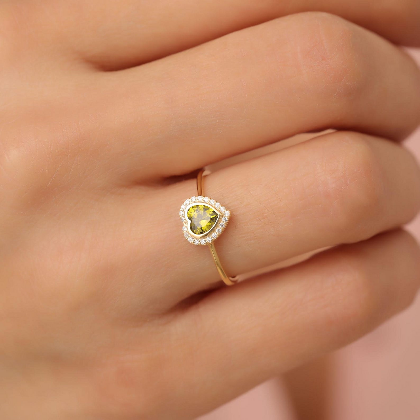 Peridot Bezel Heart Ring with Real Diamonds in 8K/10K/14K Solid Gold | August Birthstone Jewelry