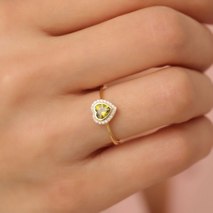 Peridot Bezel Heart Ring with Real Diamonds in 8K/10K/14K Solid Gold | August Birthstone Jewelry