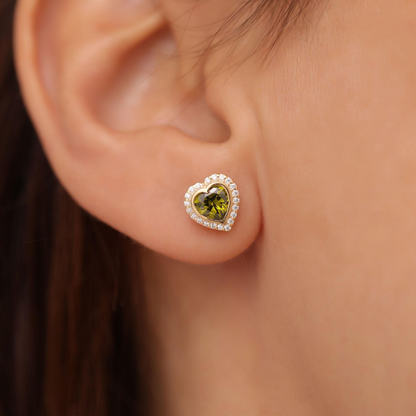 Peridot Bezel Heart Stud Earrings with Real Diamonds in 10K/14K Solid Gold | August Birthstone Jewelry