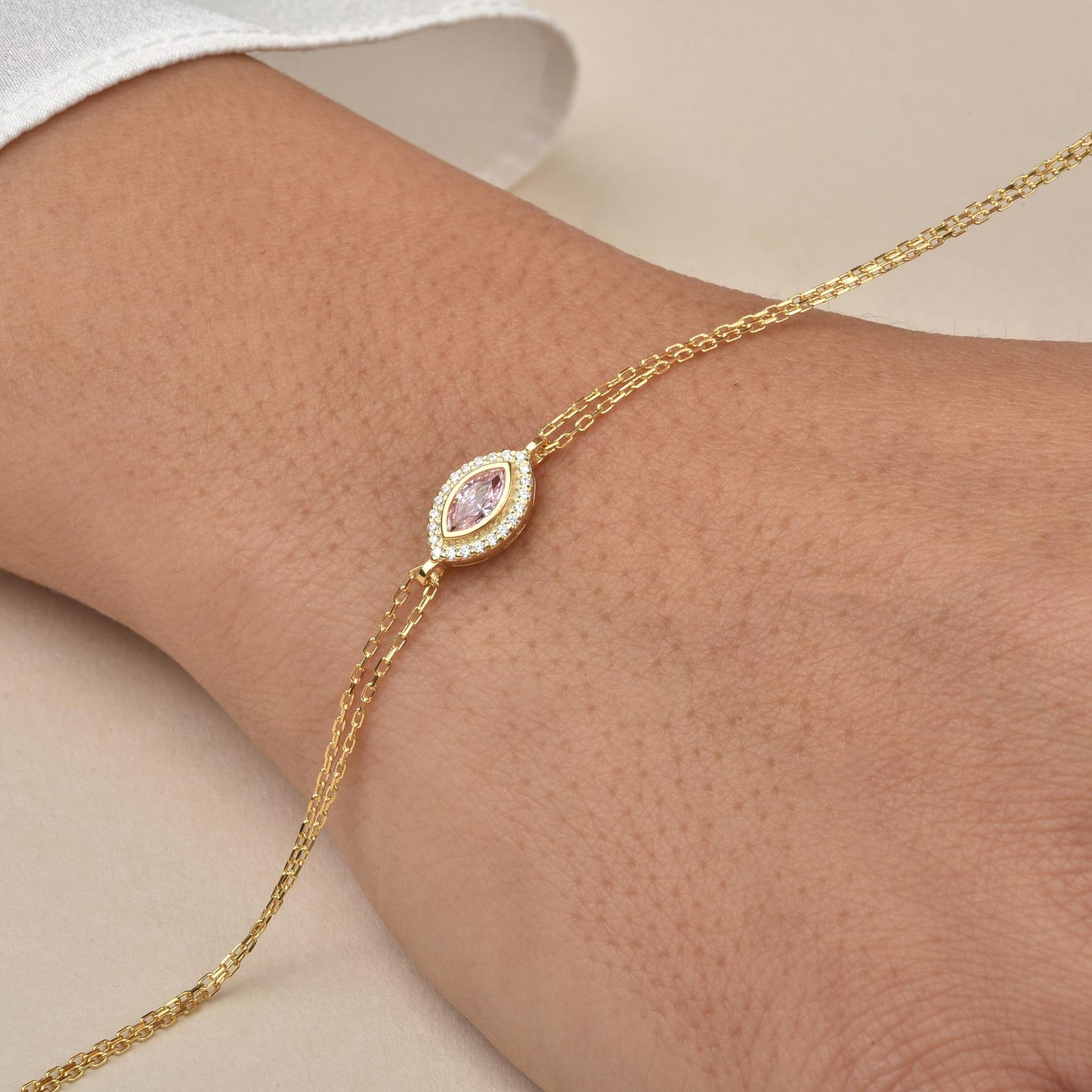 Pink Tourmaline Bezel Marquise Bracelet with Real Diamonds in 8K/10K/14K Solid Gold | October Birthstone Jewelry