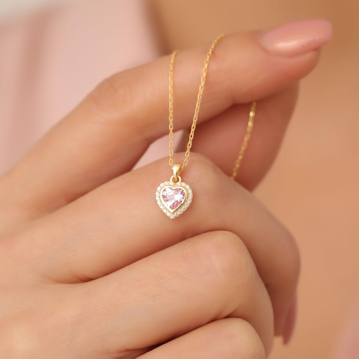 Pink Tourmaline Bezel Heart Necklace with Real Diamonds in 8K/10K/14K Solid Gold | October Birthstone Jewelry