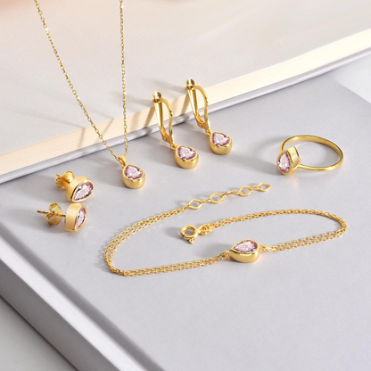 Pink Tourmaline Bezel Drop Necklace 10/14K Solid Gold, October Birthstone Jewelry