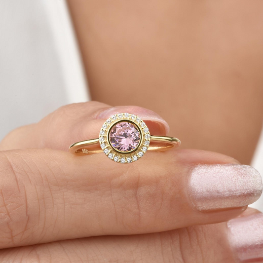 Pink Tourmaline Round Bezel Ring in 8K/10K/14K Solid Gold with Real Diamonds, October Birthstone Jewelry