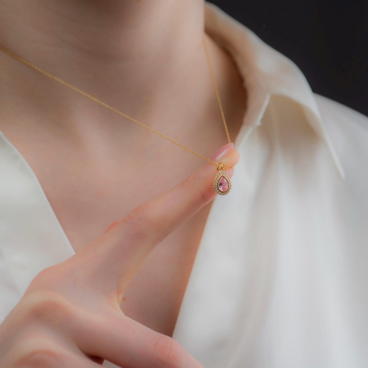 Pink Tourmaline Bezel Drop Necklace with Real Diamonds in 8K/10K/14K Solid Gold | October Birthstone Jewelry