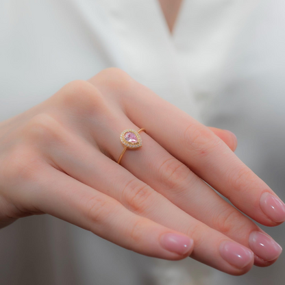 Pink Tourmaline Bezel Drop Ring with Real Diamonds in 8K/10K/14K Solid Gold | October Birthstone Jewelry