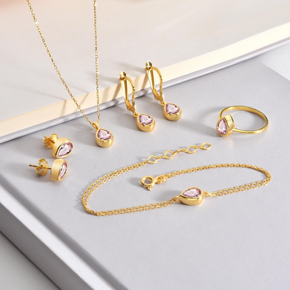 Pink Tourmaline Bezel Dangle Drop Earrings in 8K/10K/14K Solid Gold, October Birthstone Jewelry