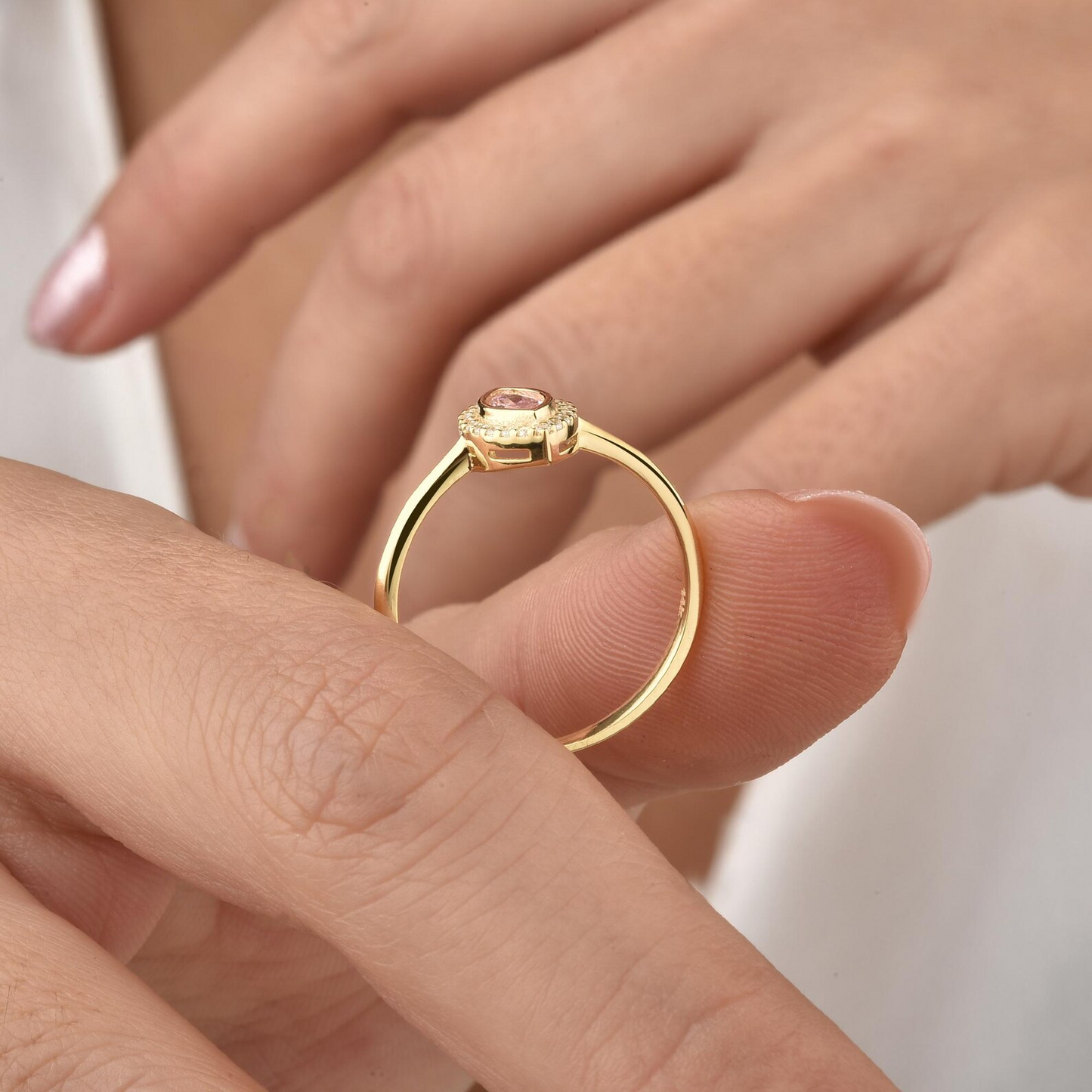 Pink Tourmaline Bezel Marquise Ring with Real Diamonds in 8K/10K/14K Solid Gold | October Birthstone Jewelry