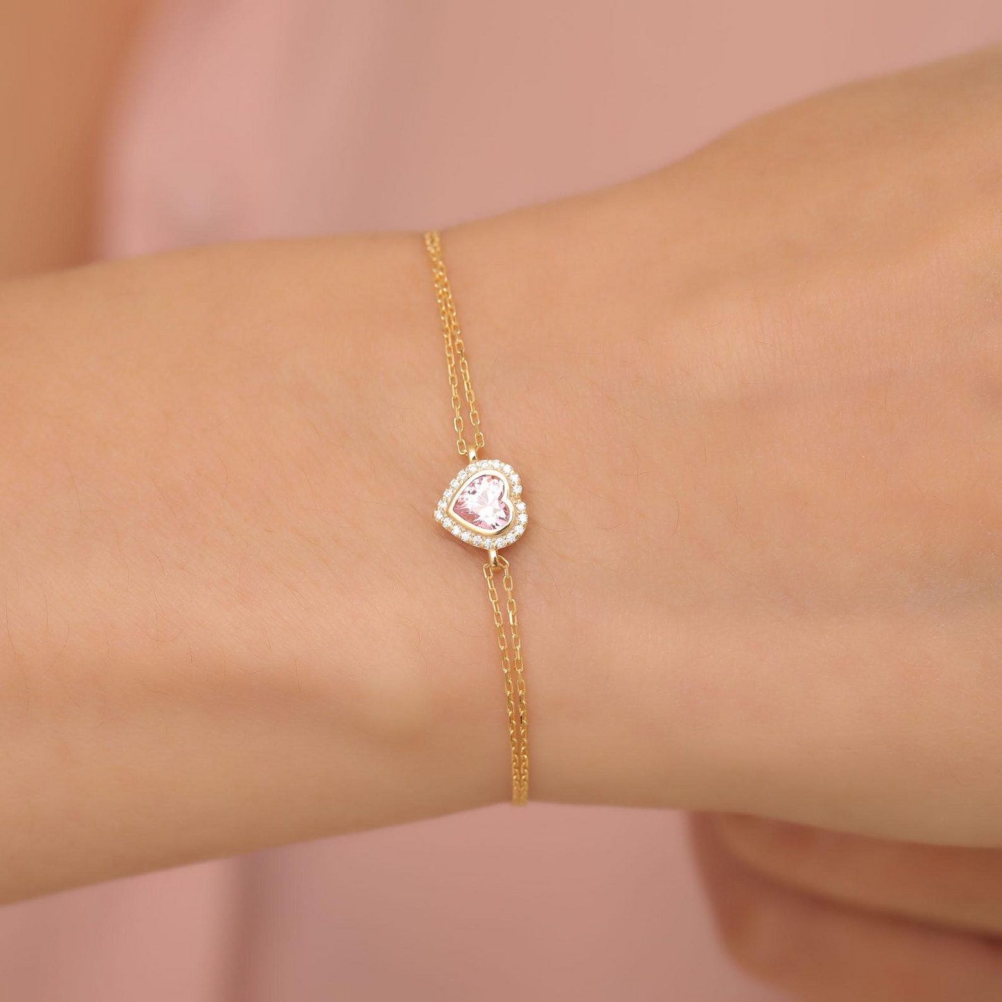Pink Tourmaline Bezel Heart Bracelet with Real Diamonds in 8K/10K/14K Solid Gold | October Birthstone Jewelry