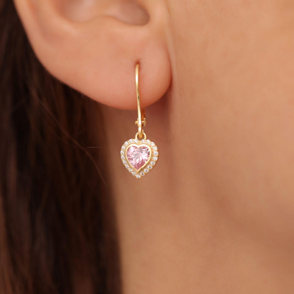 Pink Tourmaline Bezel Heart Dangle Earrings with Real Diamonds in 8K/10K/14K Solid Gold | October Birthstone Jewelry