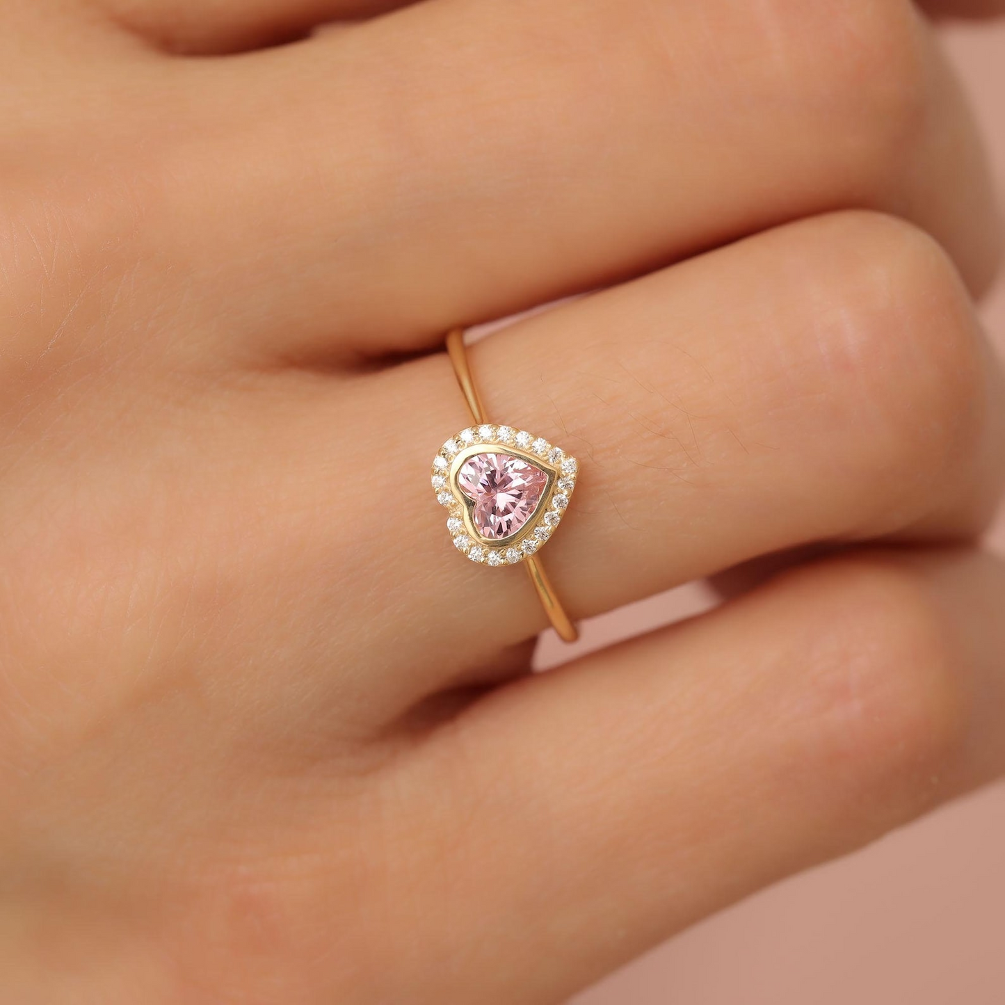 Pink Tourmaline Bezel Heart Ring with Real Diamonds in 8K/10K/14K Solid Gold | October Birthstone Jewelry