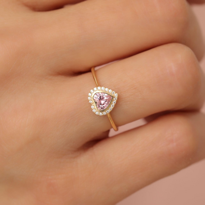 Pink Tourmaline Bezel Heart Ring with Real Diamonds in 8K/10K/14K Solid Gold | October Birthstone Jewelry