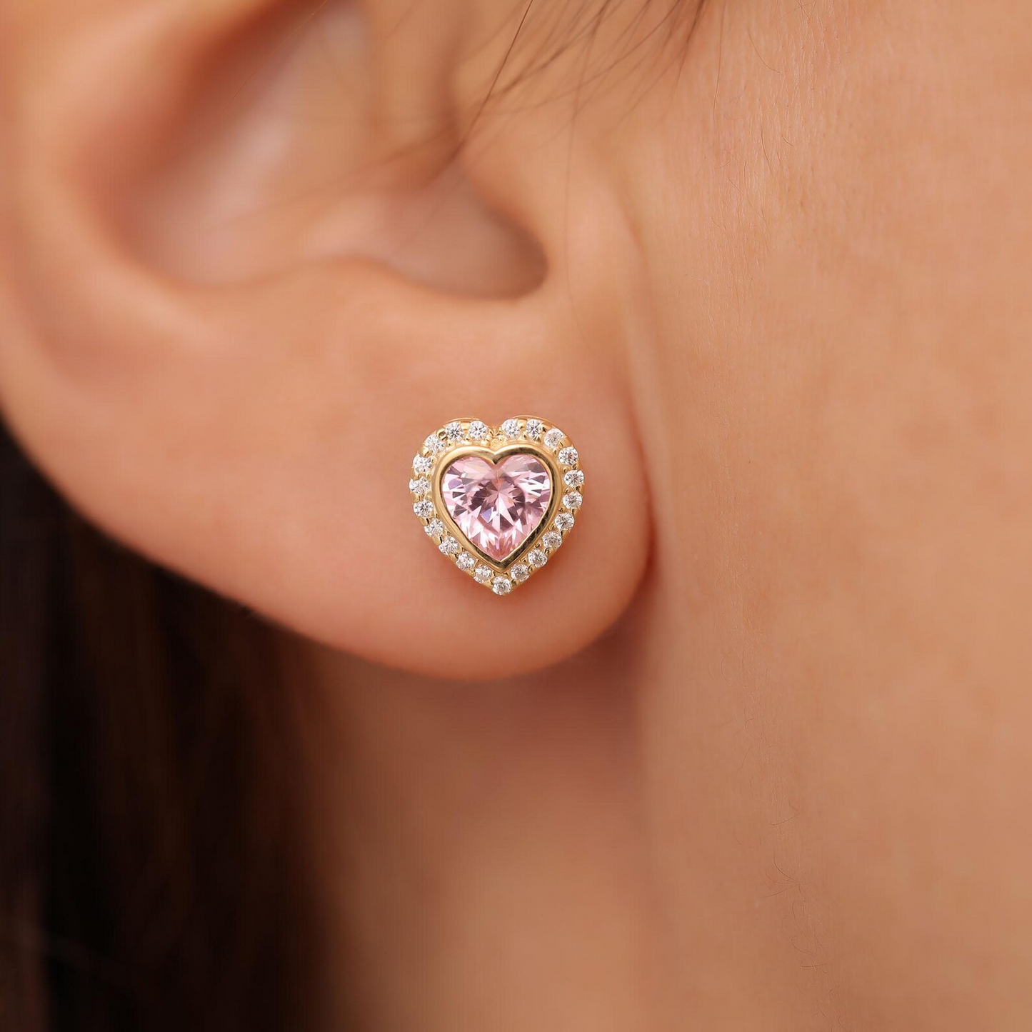 Pink Tourmaline Bezel Heart Stud Earrings with Real Diamonds in 10K/14K Solid Gold | October Birthstone Jewelry