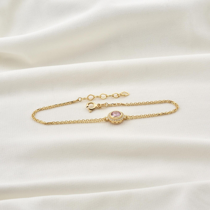 Pink Tourmaline Round Bezel Bracelet in 8K/10K/14K Solid Gold with Real Diamonds, October Birthstone Jewelry