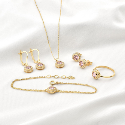Pink Tourmaline Round Bezel Necklace in 8K/10K/14K Solid Gold with Real Diamonds, October Birthstone Jewelry