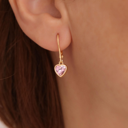 Pink Tourmaline Heart Cut Bezel Dangle Earrings 14K Solid Gold, October Birthstone Jewelry