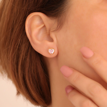 Pink Tourmaline Heart Bezel Cut Stud Earrings 10K/14K Solid Gold, October Birthstone Jewelry