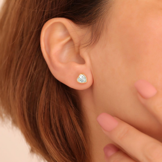 Aquamarine Bezel Heart Stud Earrings 10K/14K Solid Gold, March Birthstone Jewelry