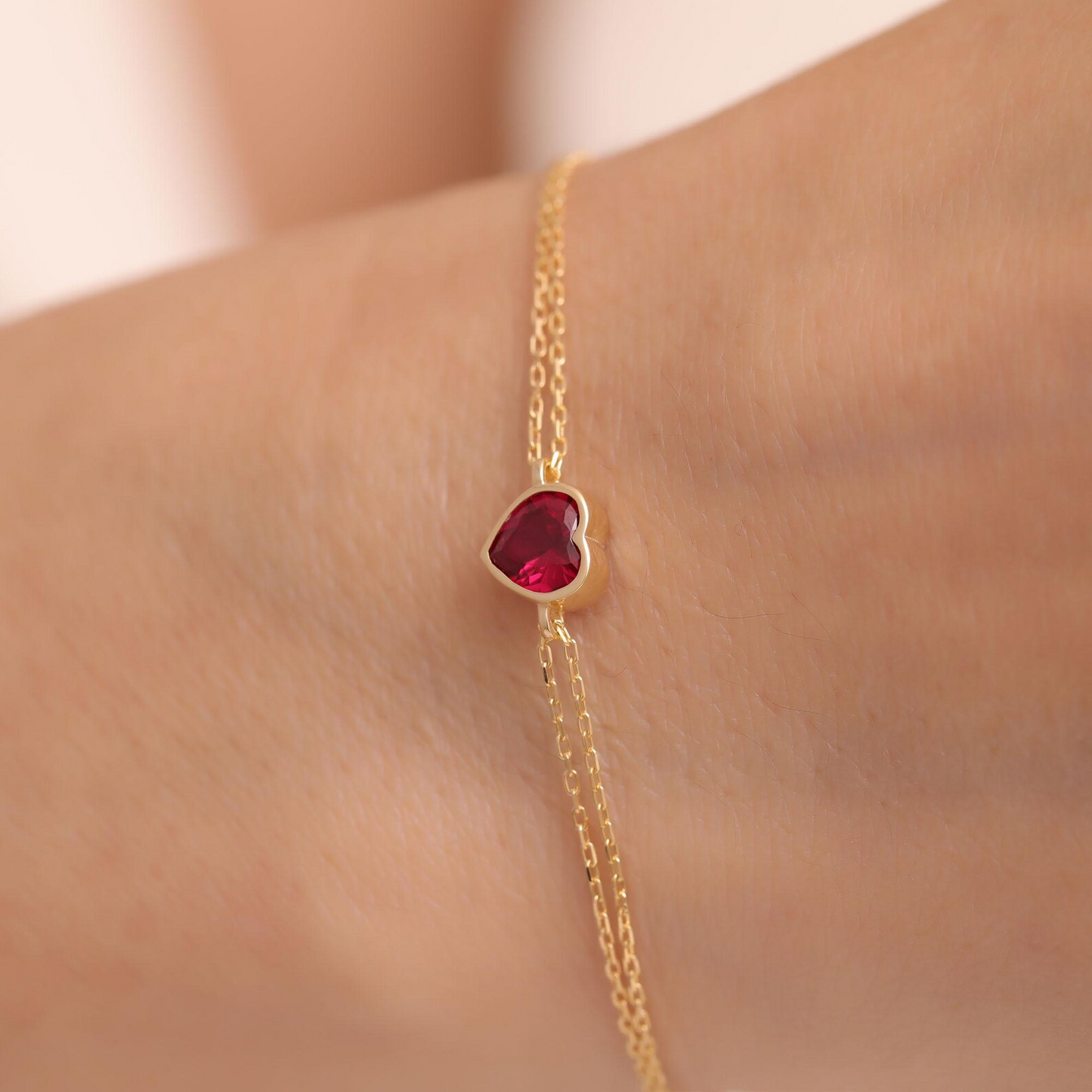 Heart Ruby Bezel Bracelet in 10K/14K Solid Gold | July Birthstone