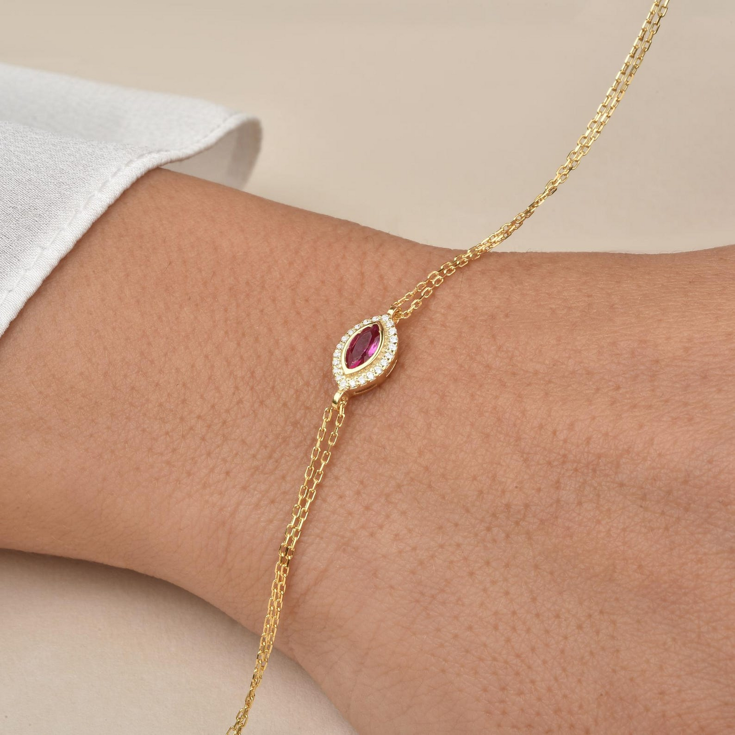 Ruby Bezel Marquise Bracelet with Real Diamonds in 8K/10K/14K Solid Gold | July Birthstone Jewelry