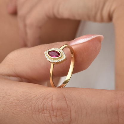 Ruby Bezel Marquise Ring with Real Diamonds in 8K/10K/14K Solid Gold | July Birthstone Jewelry