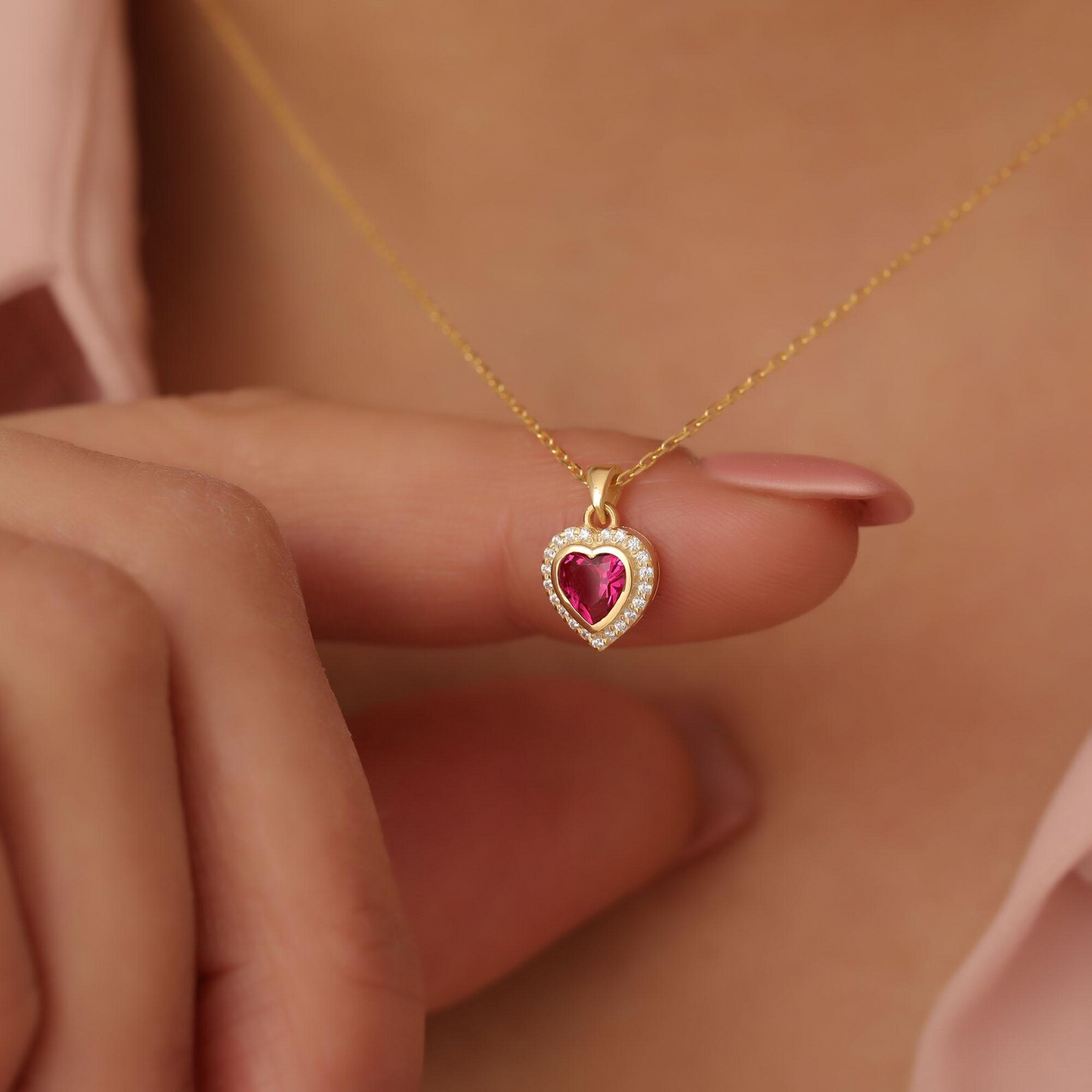Ruby Bezel Heart Necklace with Real Diamonds in 8K/10K/14K Solid Gold | July Birthstone Jewelry